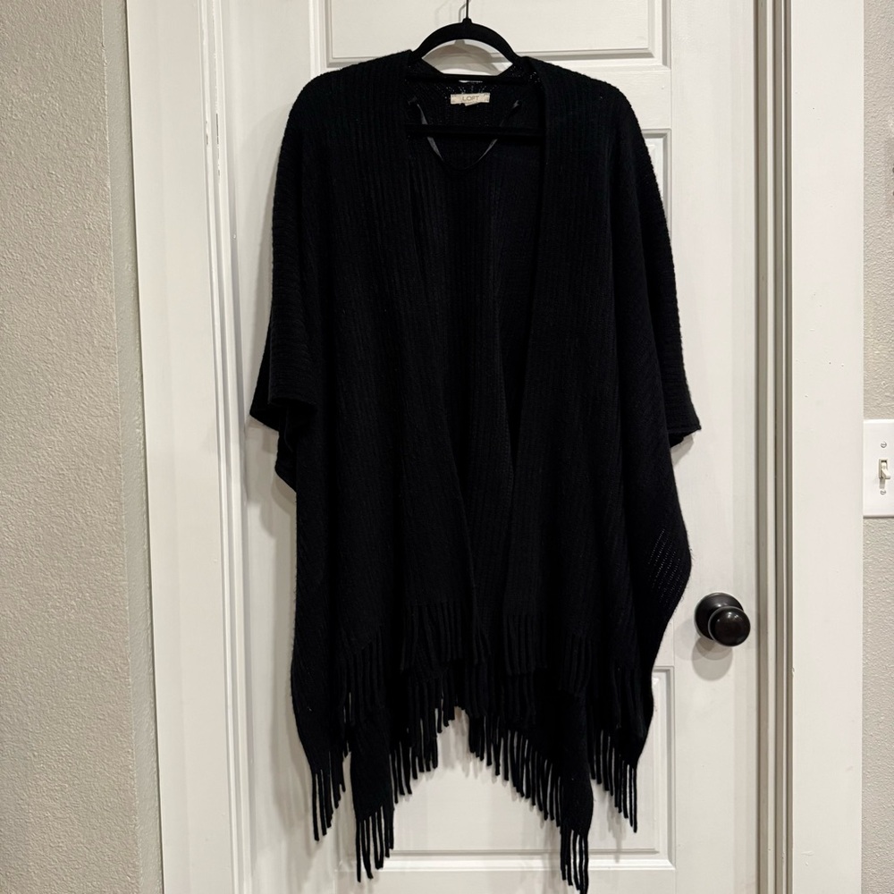 LOFT Black Fringe Poncho One Size Knit Shawl Wrap Open Front Boho